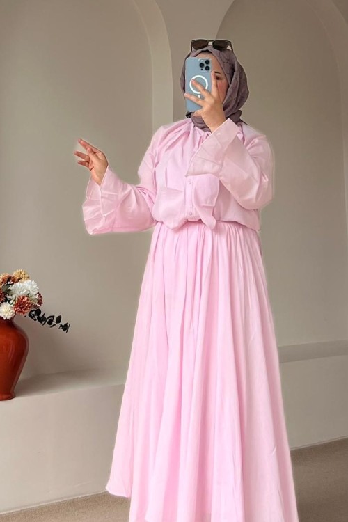 Kadın Fırfır Detaylı Gömlekli Etek Takım Pembe
