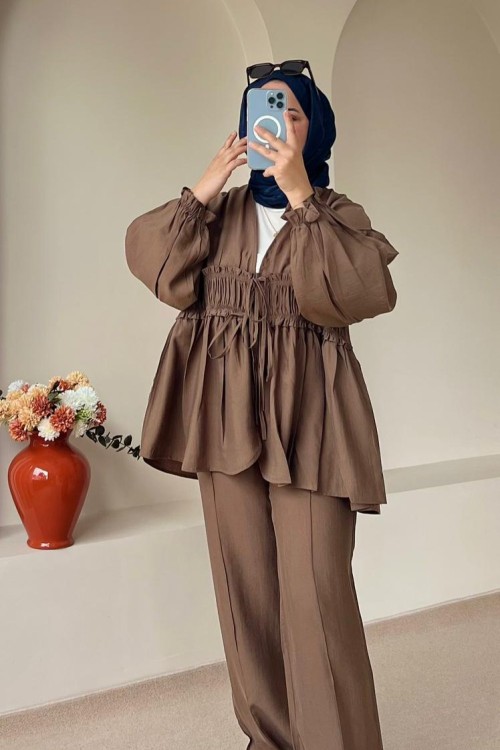 Kadın Bağcıklı Tunik Pantolon Takım Vizon