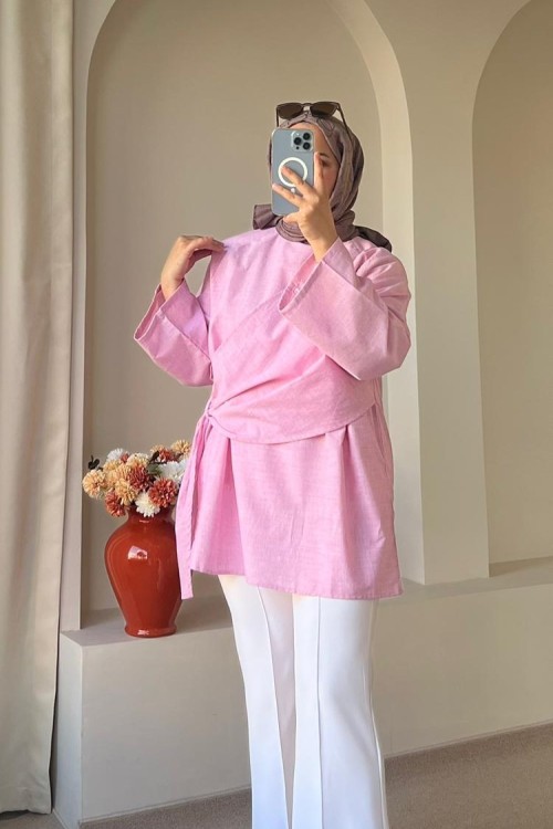 Kadın Kruvaze Şallı Tunik Pembe