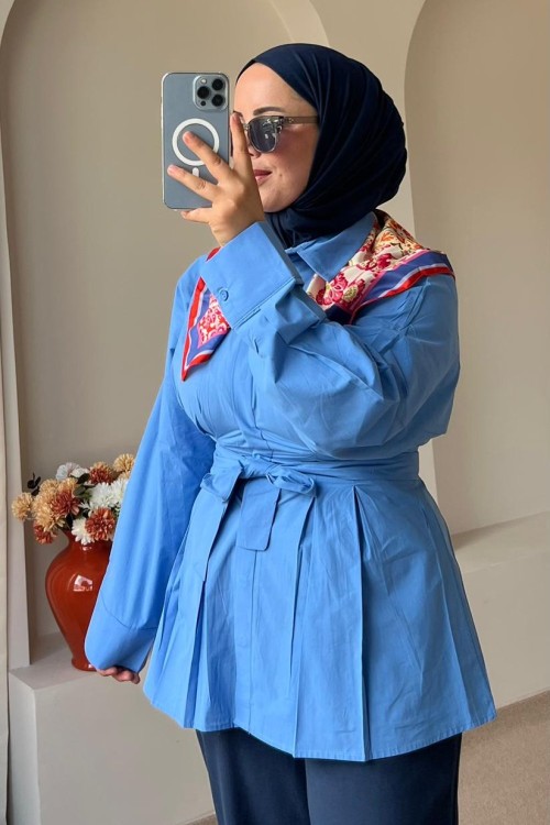 Kadın Pilili Poplin Gömlek Mavi