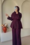Pile Detaylı Pantolon Takım Bordo