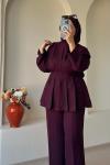 Pile Detaylı Pantolon Takım Bordo