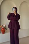 Pile Detaylı Pantolon Takım Bordo