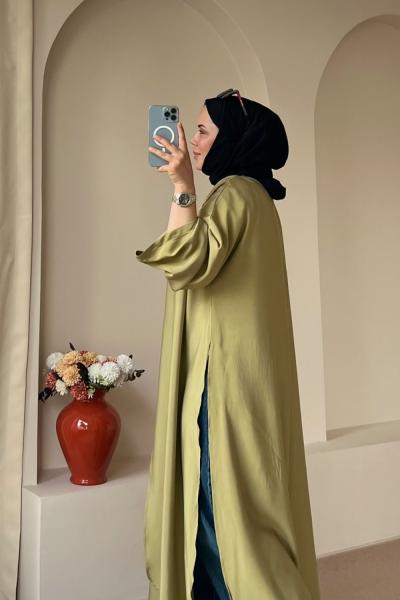 Bağcıklı Şallı Abaya Yağ Yeşili