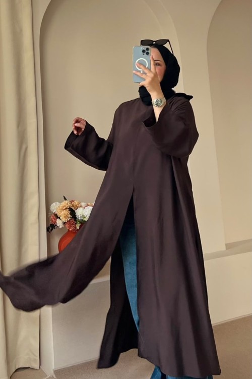 Bağcıklı Şallı Abaya Kahverengi