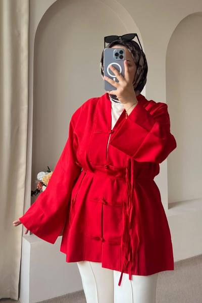Bağcıklı Kimono Ceket Kırmızı