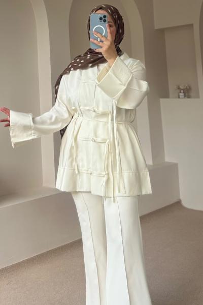 Bağcıklı Kimono Ceket Krem