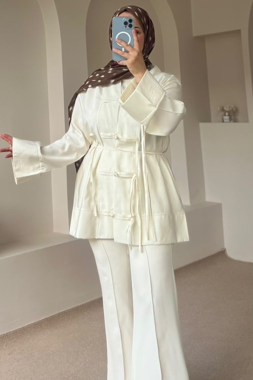 Bağcıklı Kimono Ceket Krem