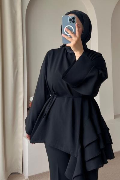 Volanlı Bağcıklı Kadın Tunik Siyah