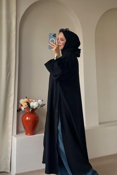 Bağcıklı Şallı Abaya Siyah