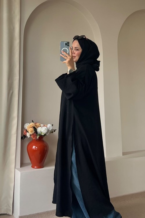 Bağcıklı Şallı Abaya Siyah