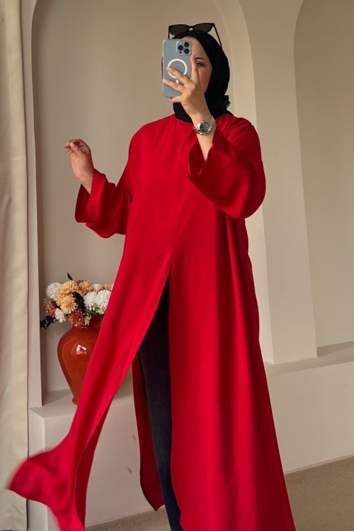 Bağcıklı Şallı Abaya Kırmızı