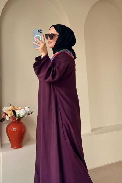 Bağcıklı Şallı Abaya Mürdüm