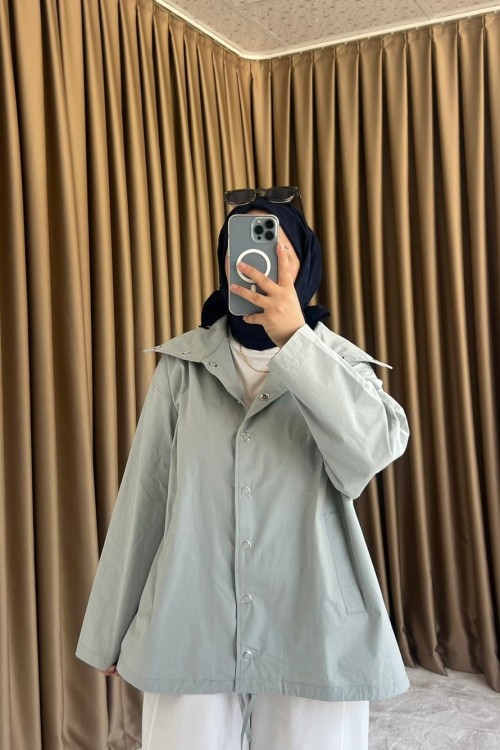 Dik Yaka Çıtçıtlı Oversize Ceket Buz Gri