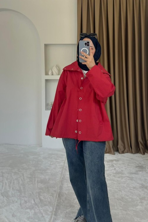Dik Yaka Çıtçıtlı Oversize Ceket Kırmızı