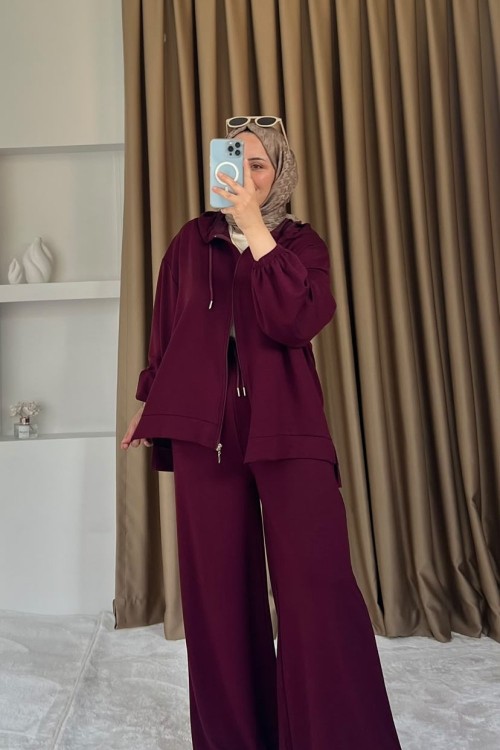 Kadın Hırka Pantolon Takım Bordo