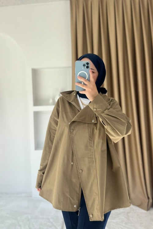 Fermuarlı Çıtçıtlı Ceket Haki