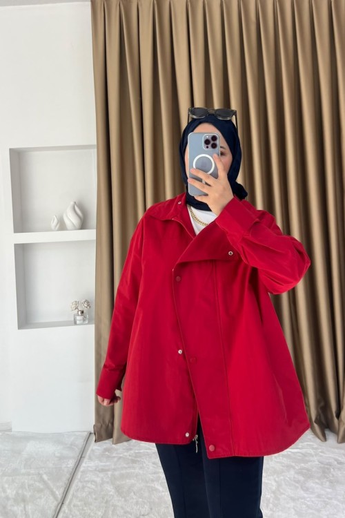 Fermuarlı Çıtçıtlı Ceket Kırmızı
