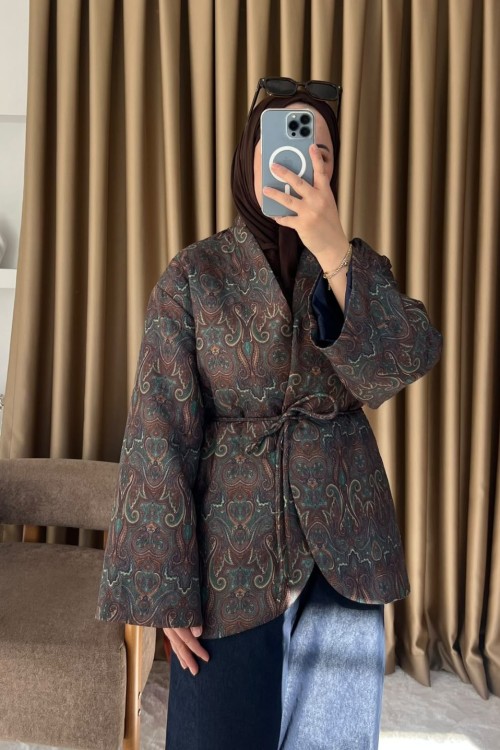 Desenli Kimono Kapama Ceket Lacivert
