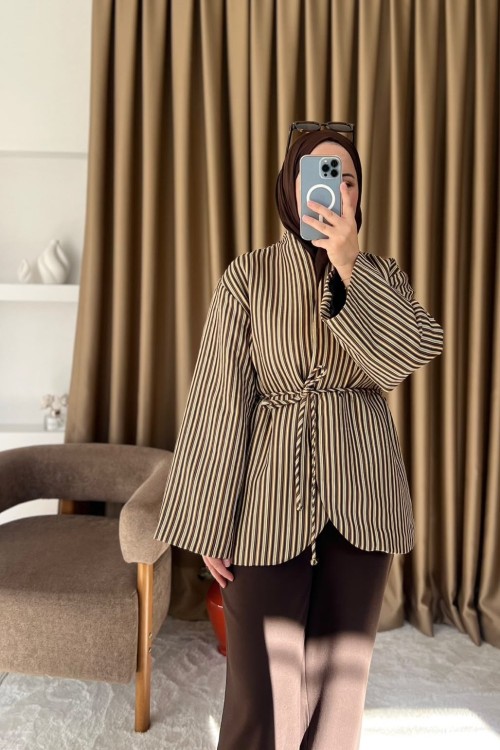 Desenli Kimono Kapama Ceket Kahverengi