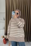 Çizgili Oversize Triko Kazak Vizon
