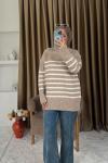 Çizgili Oversize Triko Kazak Vizon