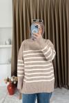 Çizgili Oversize Triko Kazak Vizon