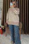 Çizgili Oversize Triko Kazak Vizon
