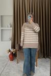 Çizgili Oversize Triko Kazak Vizon