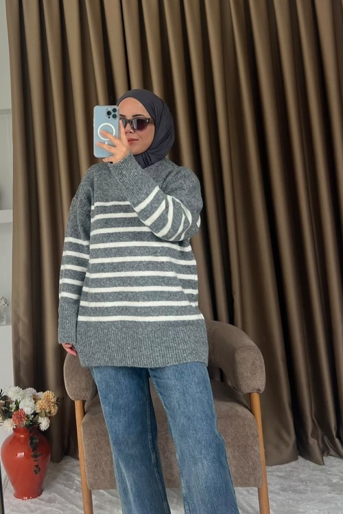 Çizgili Oversize Triko Kazak Antrasit