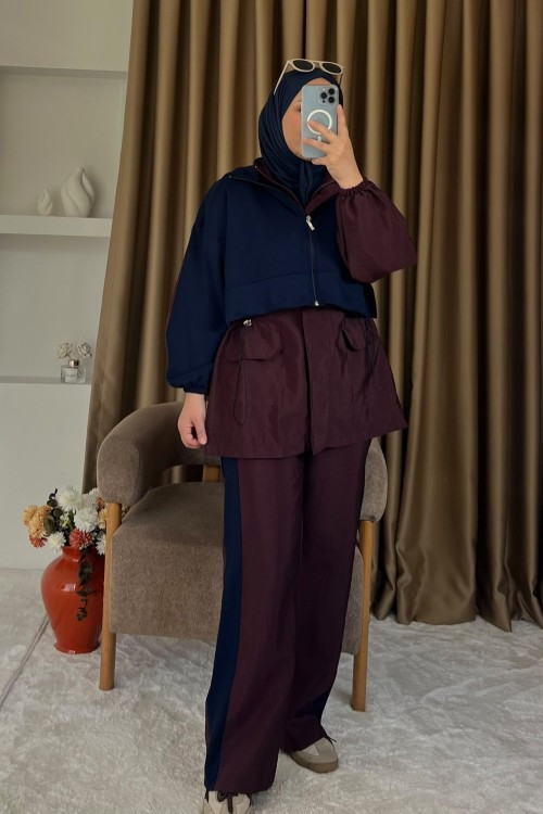 Fermuarlı Lastikli Takım Mürdüm
