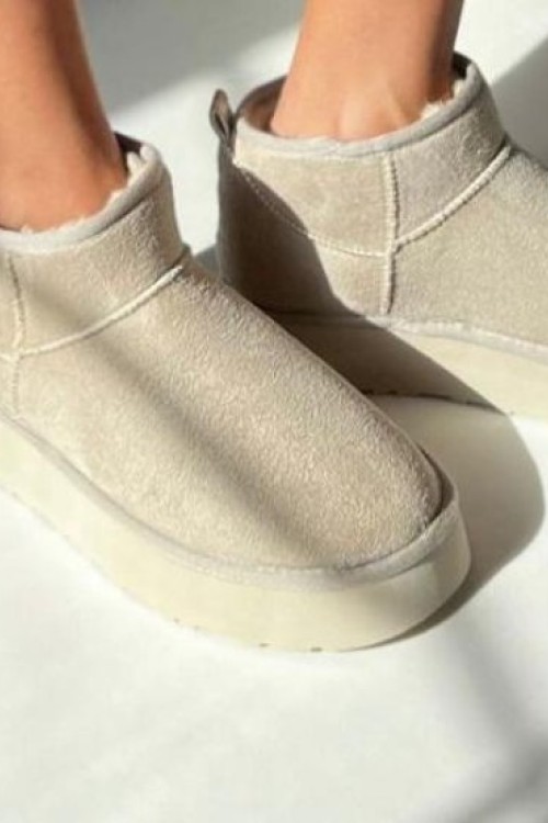 Mini Süet İçi Kürklü Kalın Taban Kadın Ugg Bot Bej