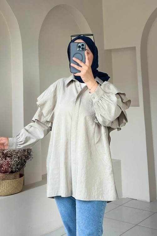 Volan Detaylı Paraşüt Kumaş Tunik Taş Rengi