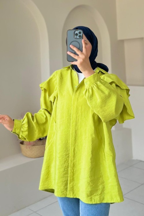 Volan Detaylı Paraşüt Kumaş Tunik Yeşil
