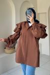 Volan Detaylı Paraşüt Kumaş Tunik Kahverengi