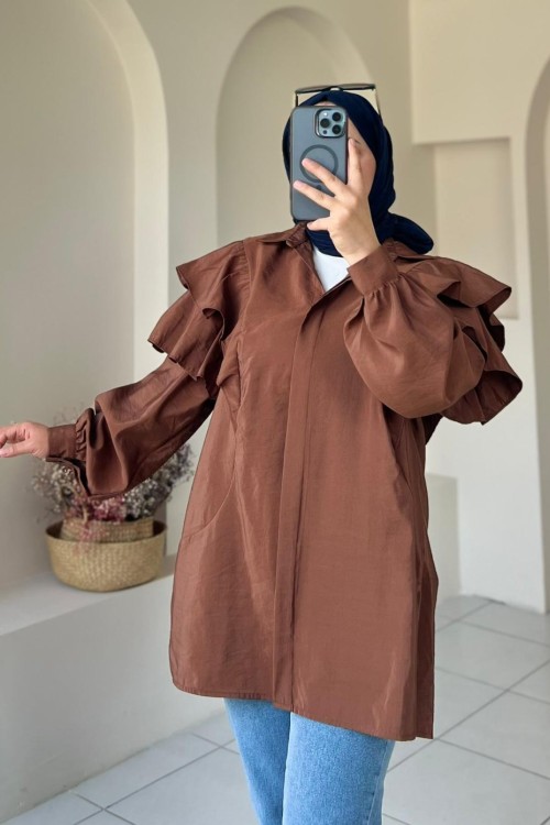 Volan Detaylı Paraşüt Kumaş Tunik Kahverengi