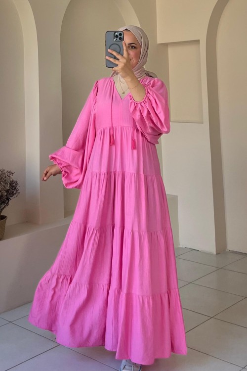 Balon Kol Elbise Pembe
