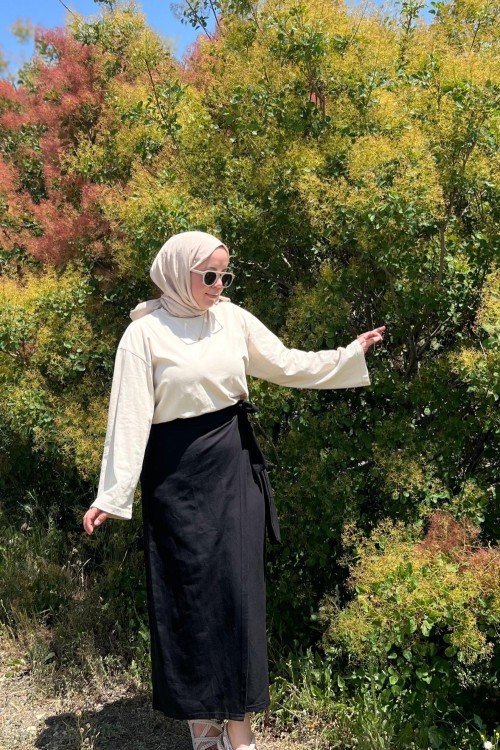 Keten Bağlamalı Etek Siyah