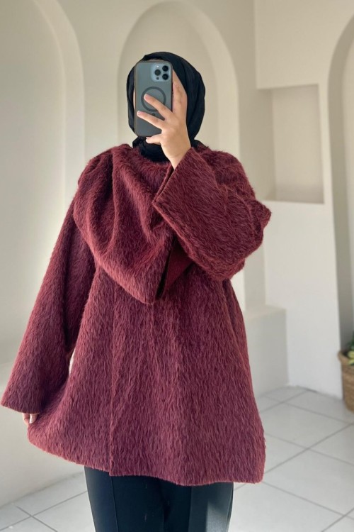 Asimetrik Kesim Pelerin Yaka Kaban Bordo