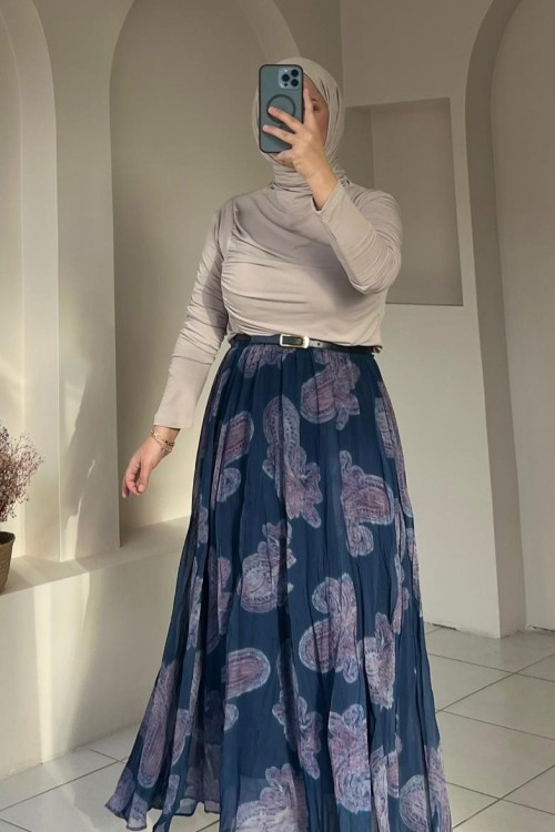 Beli Lastikli Şifon Etek Lacivert