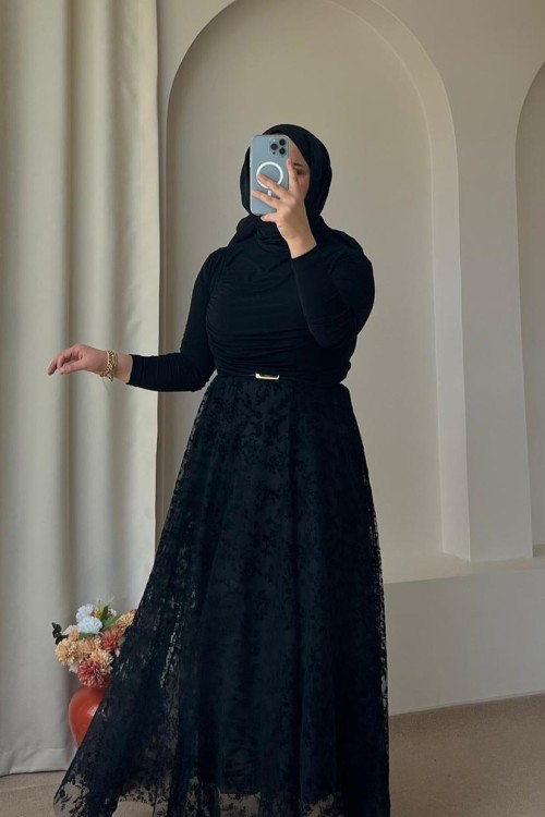 Kadın Dantelli Flog Etek  Siyah
