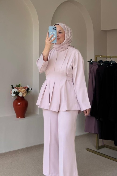 Piliseli Pantolon Tunik Takım Pudra